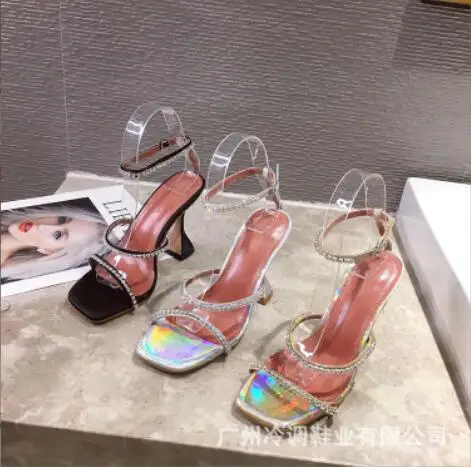 

Buy High Heels Sandals for Girls Women Online Patent leather Ankle strap buckle Straps multicolor crystals Flared heel shoes