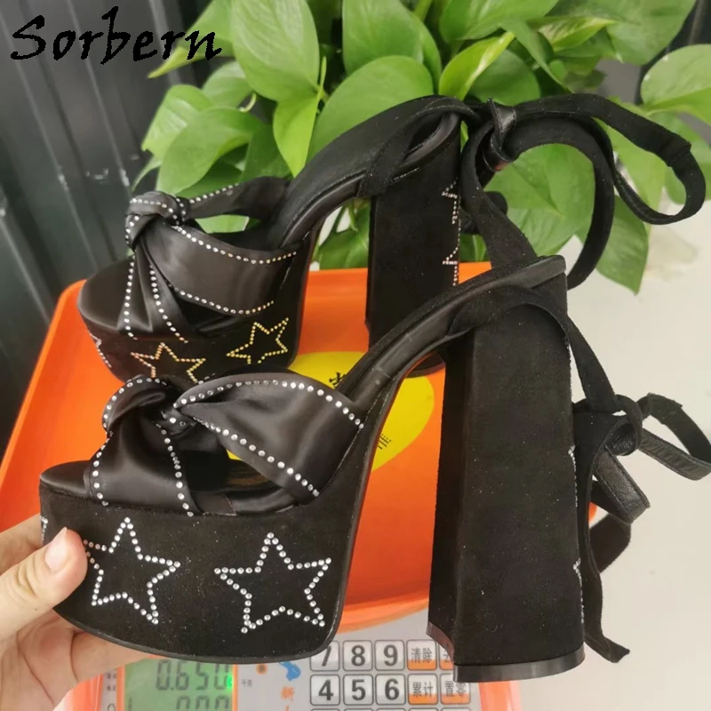 

Sorbern Cross Knot Block Heel Sandals Strappy Heels Crystal Sparking Stars Chunky High Heel Platform Summer Shoes Slingbacks