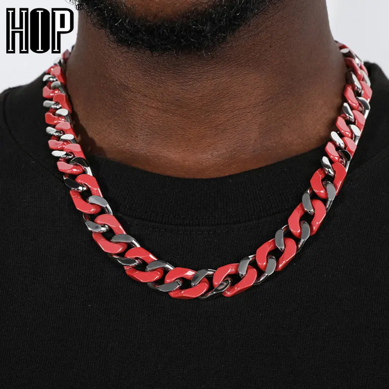 

Цепь кубинская из плотной нержавеющей стали, ювелирное изделие в стиле хип-хоп 12 мм, с керамическими звеньями красного цвета, уникальное ожерелье для мужчин и женщин, рэпер