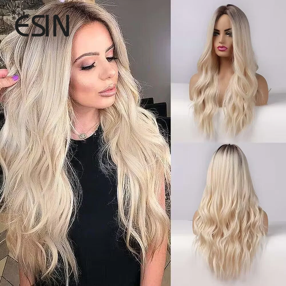 

ESIN Synthetic Long Dark Root to Blonde Brown Wavy Wigs for Women Curly Blonde Hair Wig for Daily Use Middle Parting