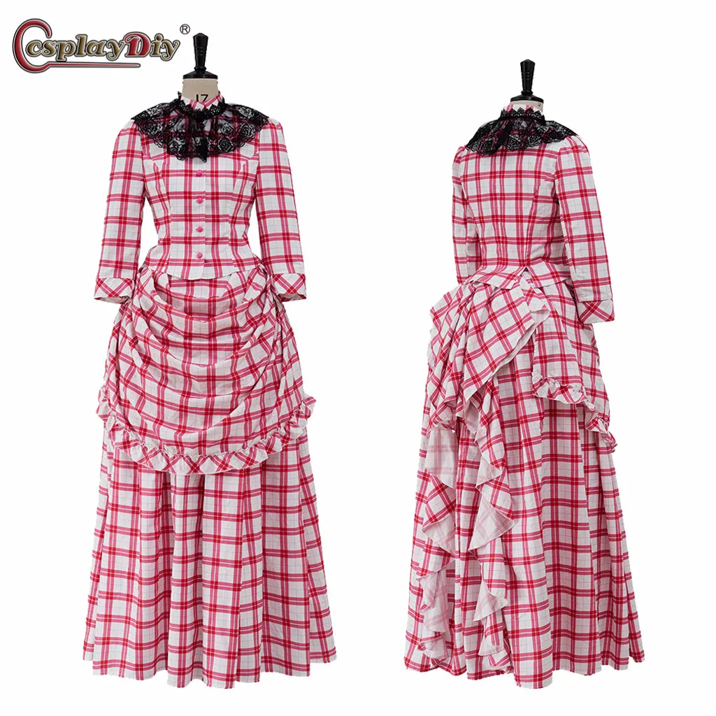 

Cosplaydiy The Gilded Age Medieval Victorian Dress Costume Pink plaid Dress Pink Top Skirt Suit Victorian Europ Evening Outfit