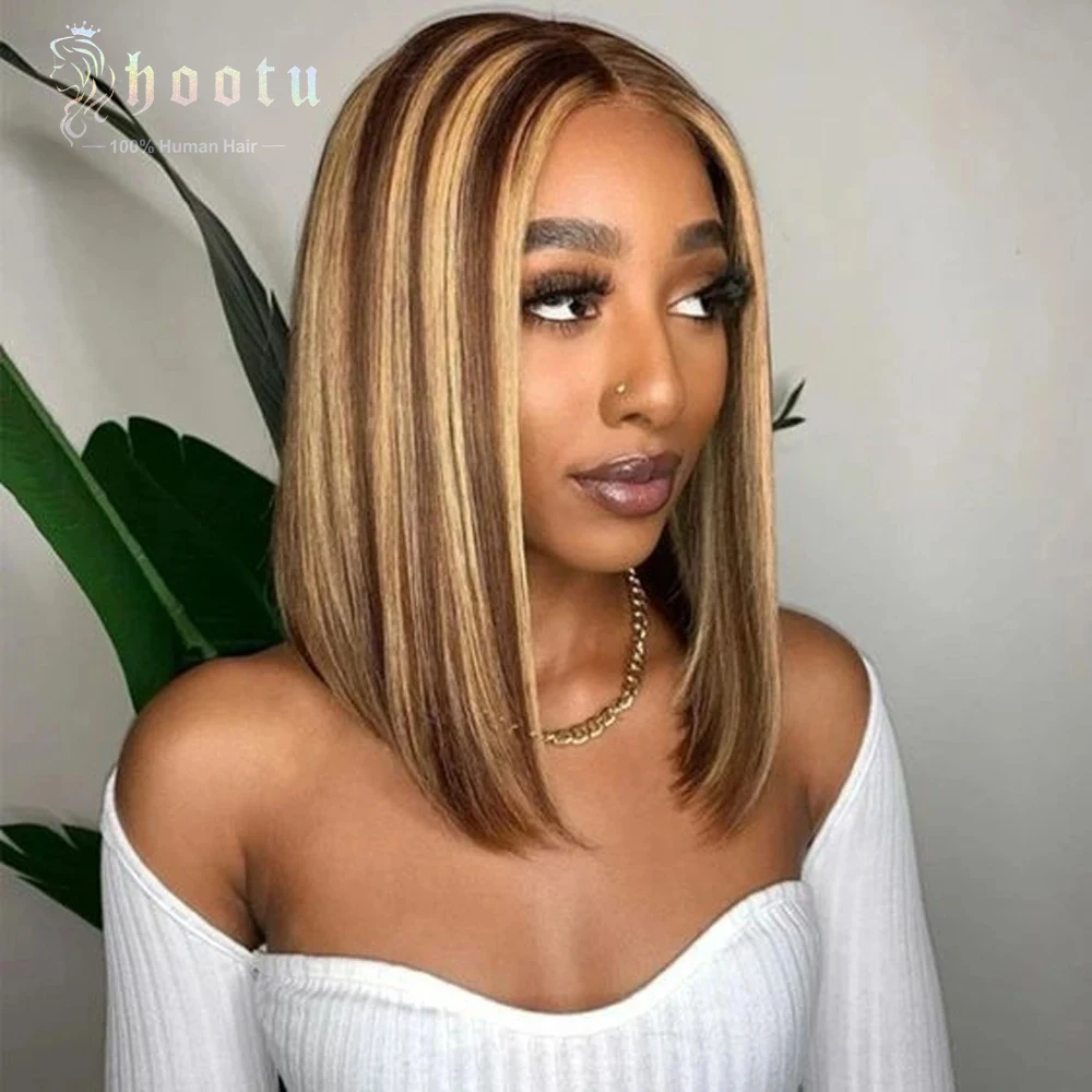 

Highlight Bob Wig Human Hair 13x4 HD Lace Front Wigs Pre Plucked Hairline Frontal Glueless Short Straight for Black Women Ombre