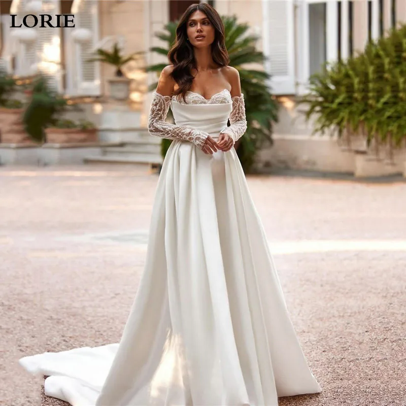 

LORIE Satin Wedding Dress A Line Off The Shoulder Long Sleeve Elegant Lace Bride Dresses With Bow Women Wedding Party Dress