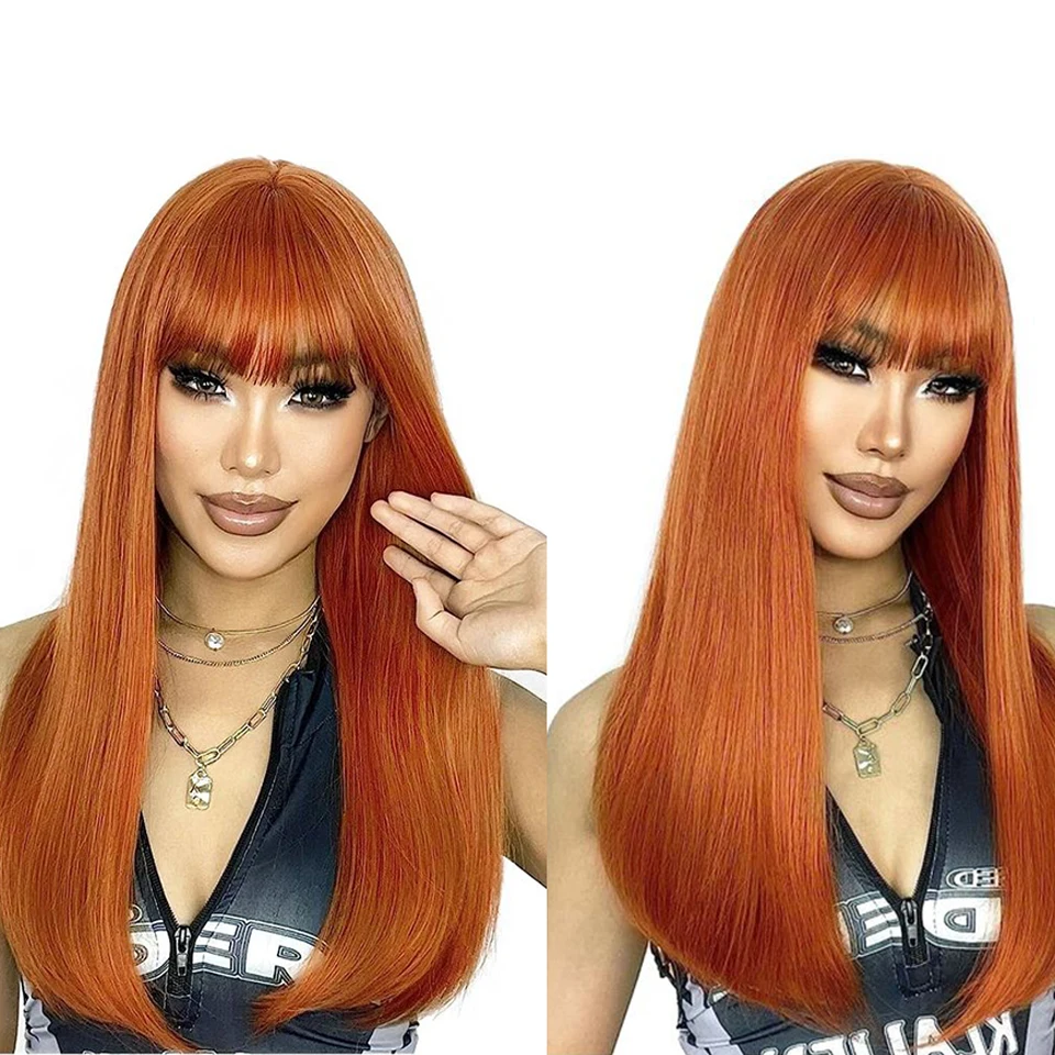 

Ginger Straight Human Hair Wigs With Bangs Fringe 180D 18" Full Machine Made Straight Hair Wigs Highlight Brown #1B Remy Wigs