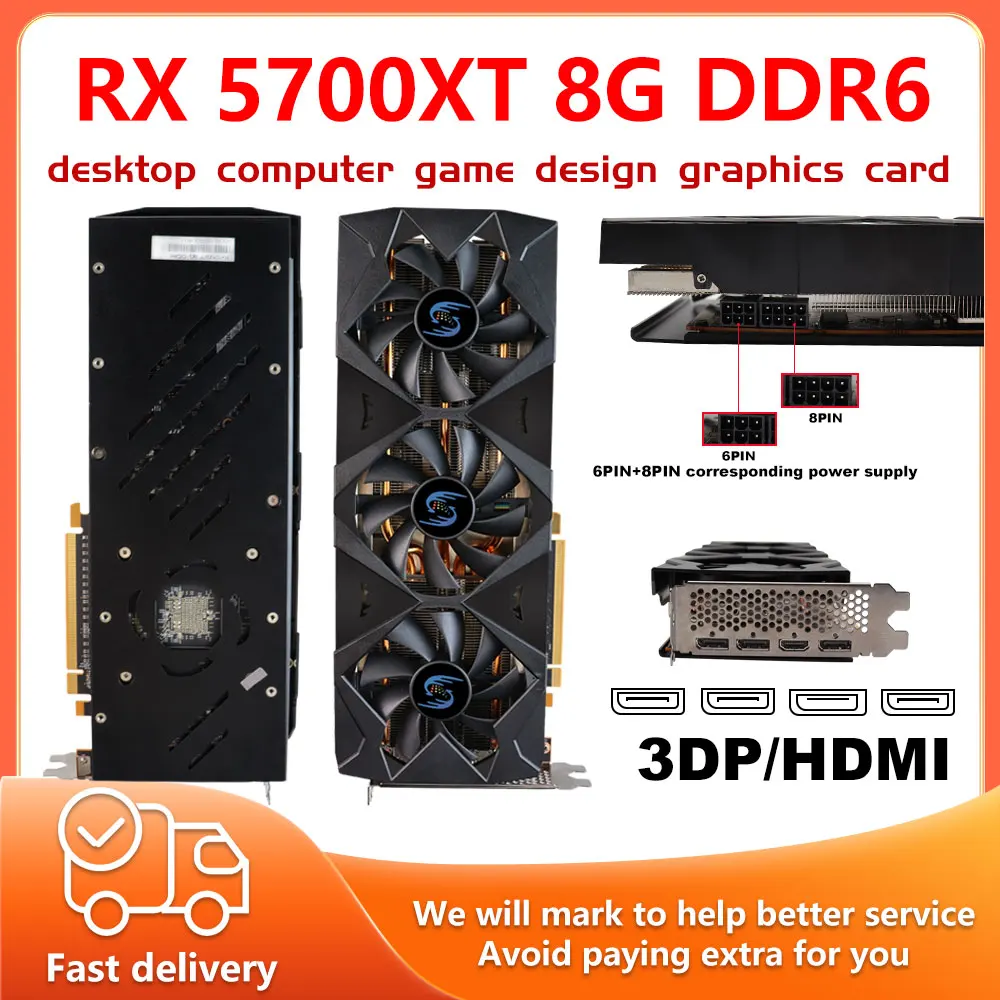 

RX 5700 XT 8GB Graphics Cards 2304/2560sp GDDR6 256bit Gaming Mining Video Card DirectX 12 Desktop Computer GPU HDMI/DP 3 Fan