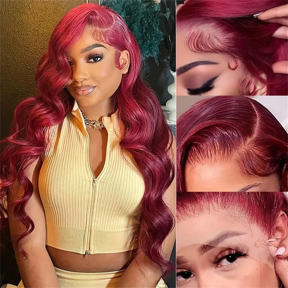 

99J Burgundy Lace Front Wigs Human Hair Glueless Wine Red Colored Body Wave Pre Plucked 13x6 13x4 HD Frontal Wigs for Women