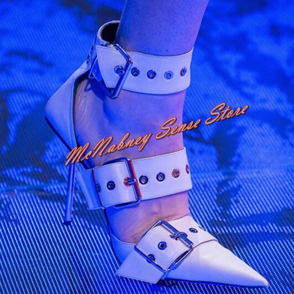 

2022 New French Roman Sandals All-Match Pointed White Shoes Belts Buckles Solid Stiletto Metal Heels Women Pumps Pointy Toe