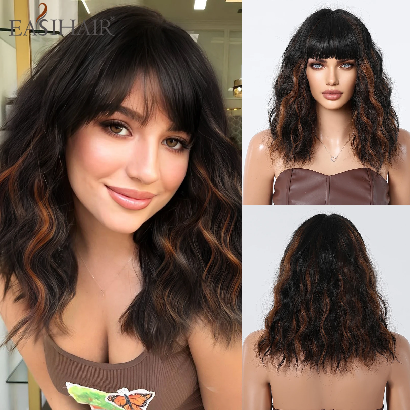 

EASIHAIR Black Mixed Brown Highlights Wigs With Bangs Short Bob Synthetic Wig for Women Natural Wave Curly Wig Heat Resistant