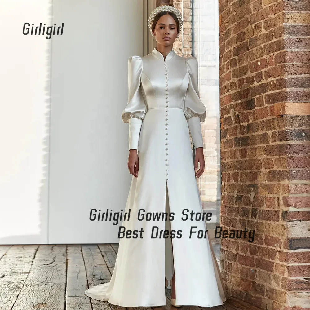 Girligirl A Line Muslim Wedding Dress Satin High Neck Long Sleeves With Button High Slit For Women Bride Gowns فساتين زفاف
Girligirl A Line Muslim Wedding Dress Satin High Neck Long Sleeves With Button High Slit For Women Bride Gowns فساتين زفاف