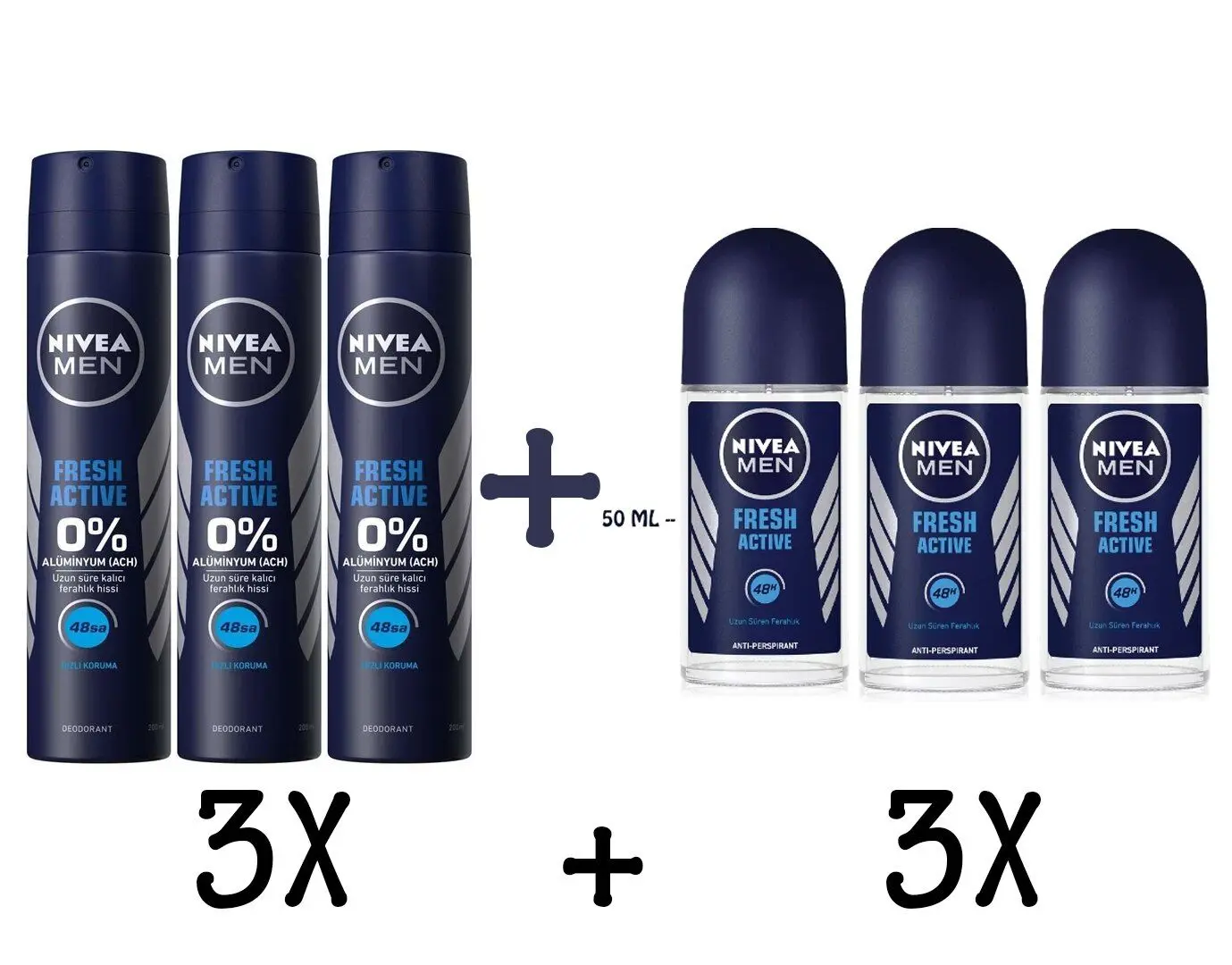 

100 Original Nivea Men Fresh Active Men 'S Deodorant 3x(150ml) + 3x(50) ml Roll-on, 48 Hours Sweat Anti-