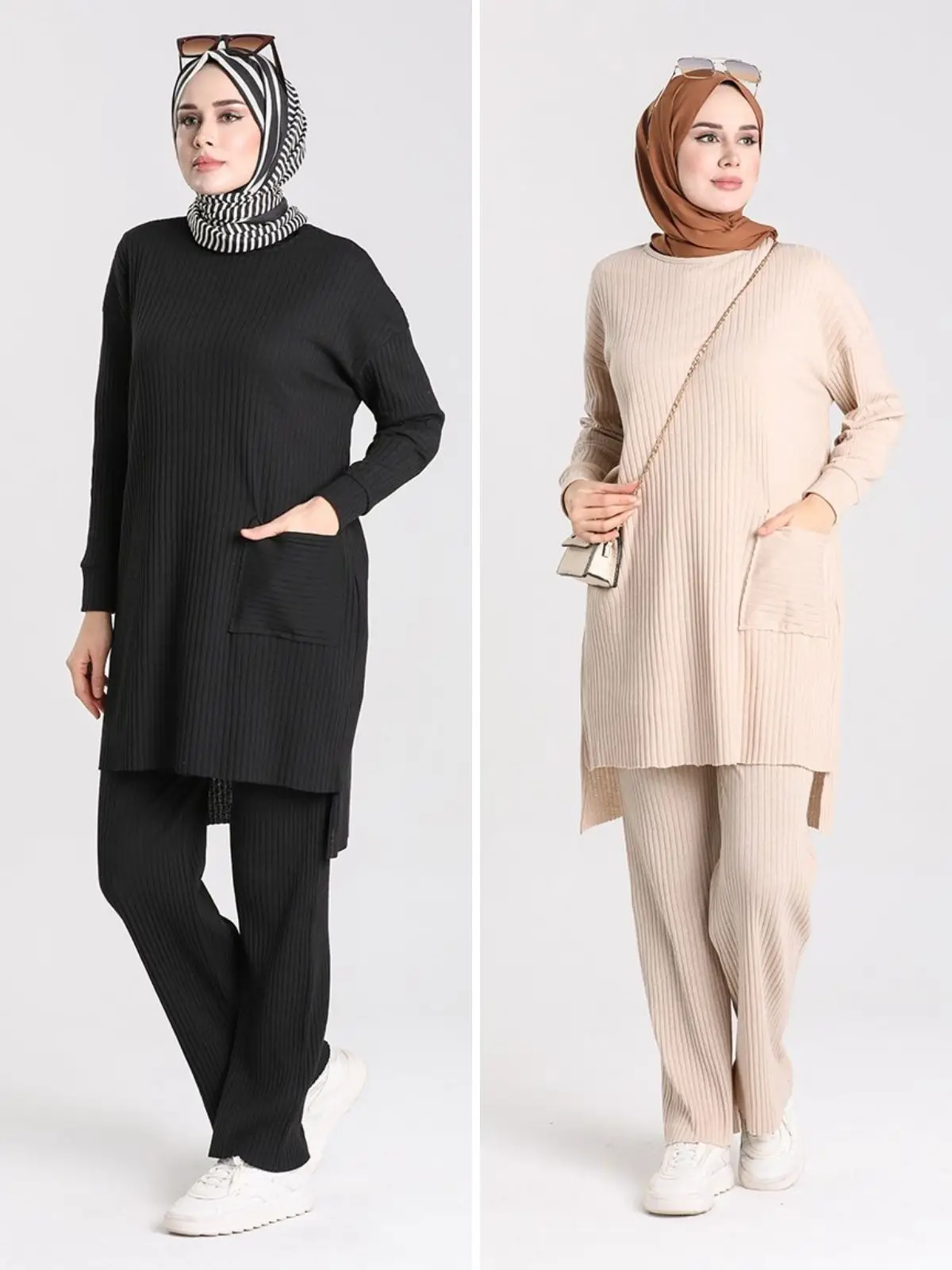 

Asymmetrical Pocket Tunic and Trousers Double Set Crew Neck Long Sleeve Collar 4 Seasons Muslim Fashion Hijab Clothing