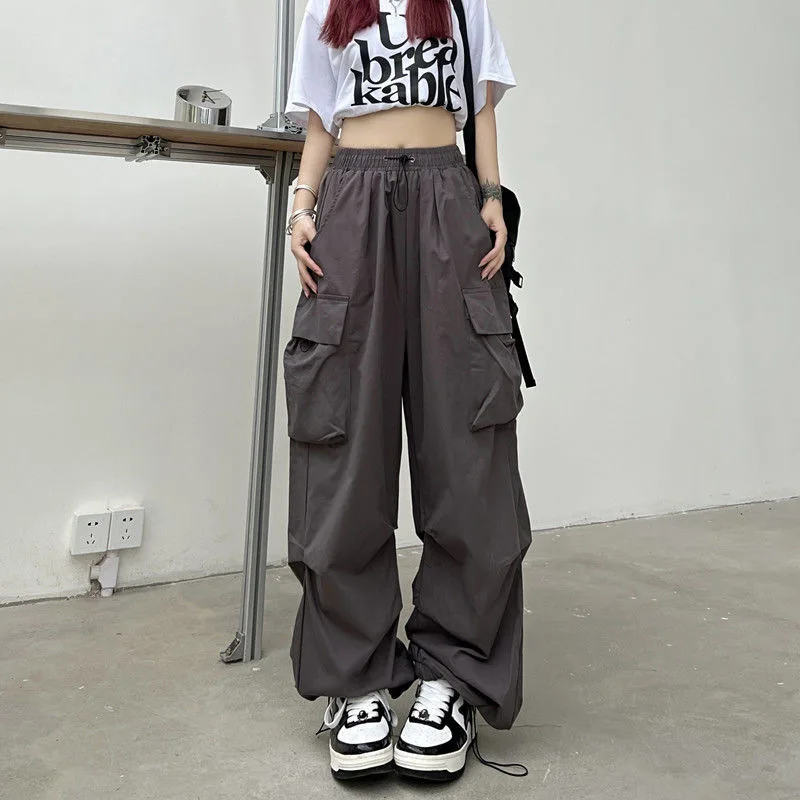 

Women Y2K Cargo Pants Casual High Waisted Breathable Baggy Sweatpant Kpop Wide Leg Drawstring Oversize Pockets Joggers Trousers