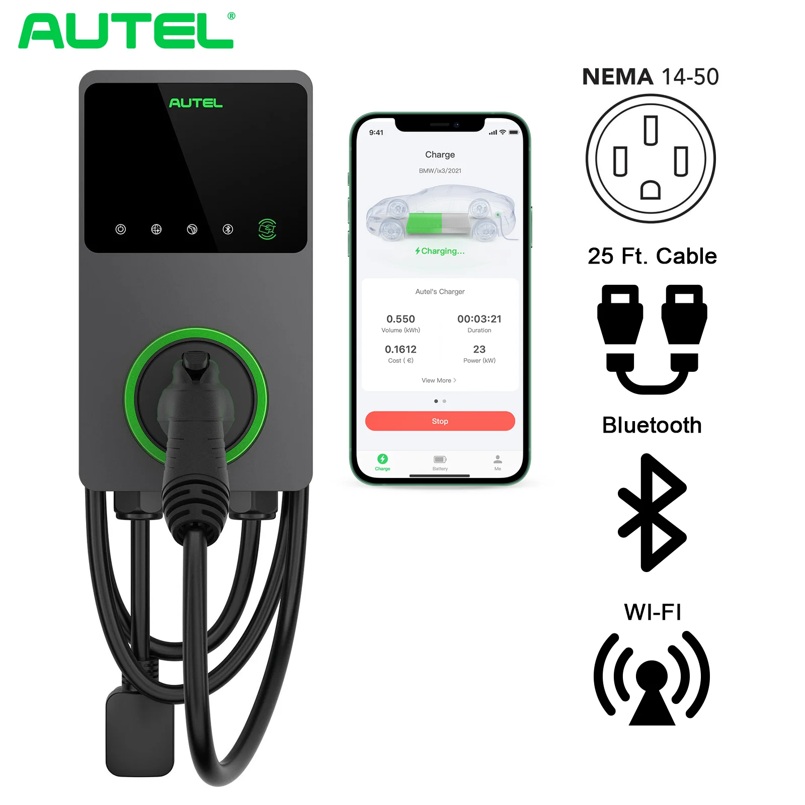 

Autel 9.6KW RFID APP Contorl Level 2 40A 240V 25ft Cable EV Charger for Home Type 1 J1772 Charging Station NAME 4 US Version