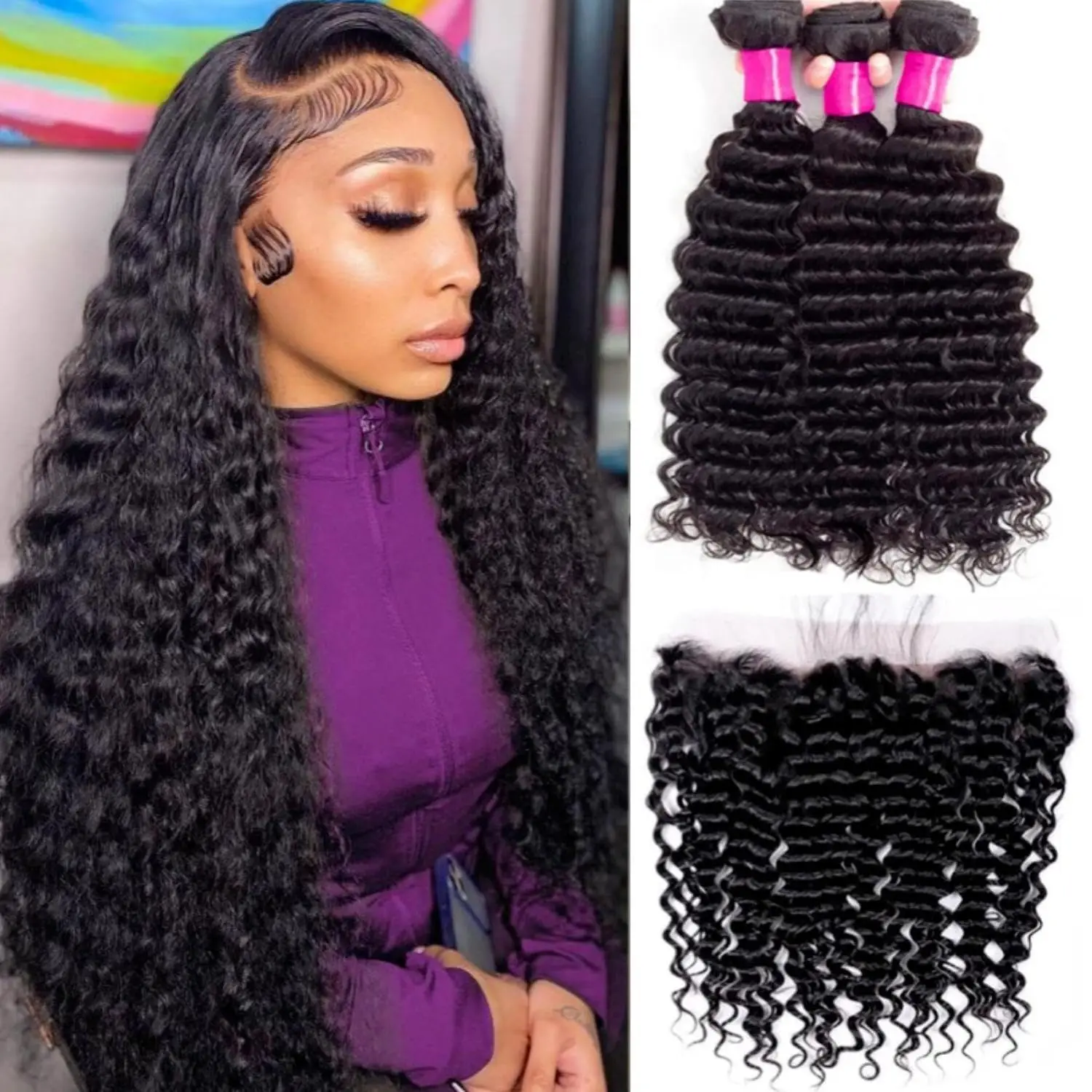 

Peruvian Human Hair Deep Wave Bundles with Frontal Ear to Ear 13x4 Free Part Lace Frontal 100% Unprocessed Virgin Human Hair