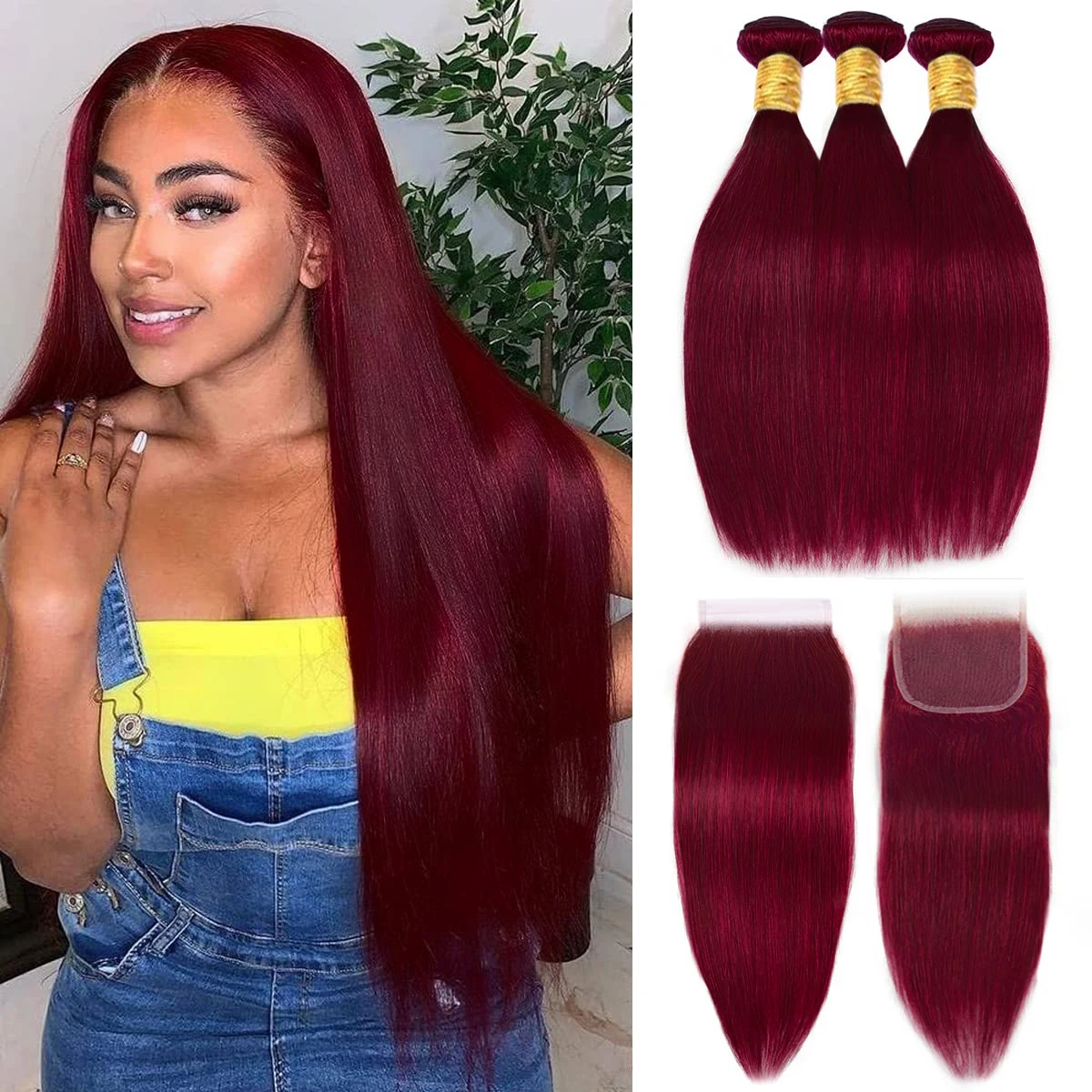 

99J Burgundy Straight Bundles with Closure Human Hair Wine Red 3 Bundles With 4x4 HD Lace Closure Brazilian Virgin Hair Weave