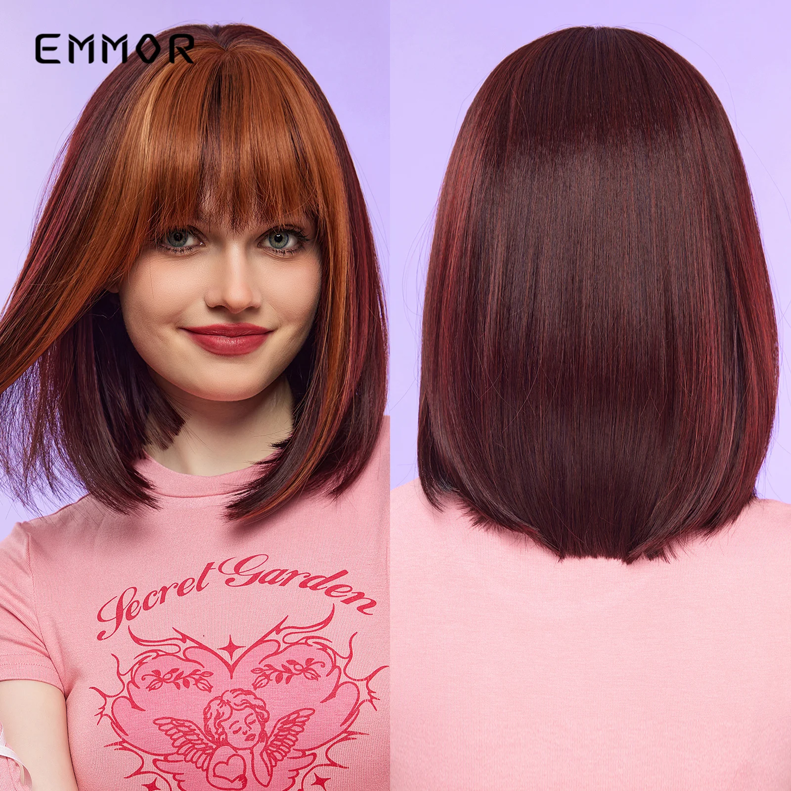 

Emmor Red Short Straight Party Synthetic Wigs Ombre Brown Bang Bob Cosplay Lolita Hair Wigs for Women High Temperature Fake Hair