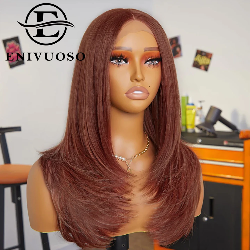 

Layered Wolf Cut Straight Wig Pre Plucked Natural Hairline Glueless 13x4 HD Lace Front Straight Synthetic Wigs For Black Women
