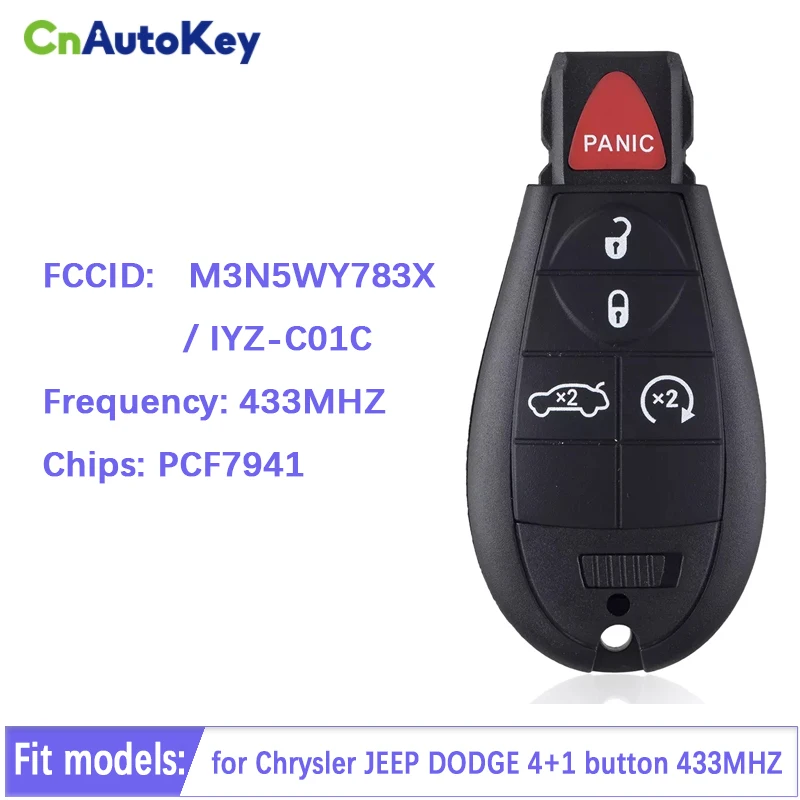 CN015004 Aftermarket 4+1 Button Smart Key For Chrysler Jeep Dodge Remote 433MHZ M3N5WY783X / IYZ-C01C PCF7941 Chip
CN015004 Aftermarket 4+1 Button Smart Key For Chrysler Jeep Dodge Remote 433MHZ M3N5WY783X / IYZ-C01C PCF7941 Chip