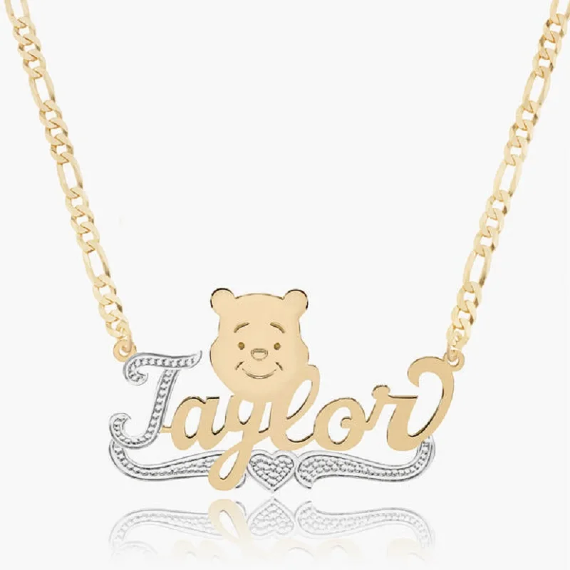 

Custom Kids Cartoon Name Necklace With Heart Personalized Teddy Bear Two Tone Nameplate Pendant For Children's Jewelry Gifts