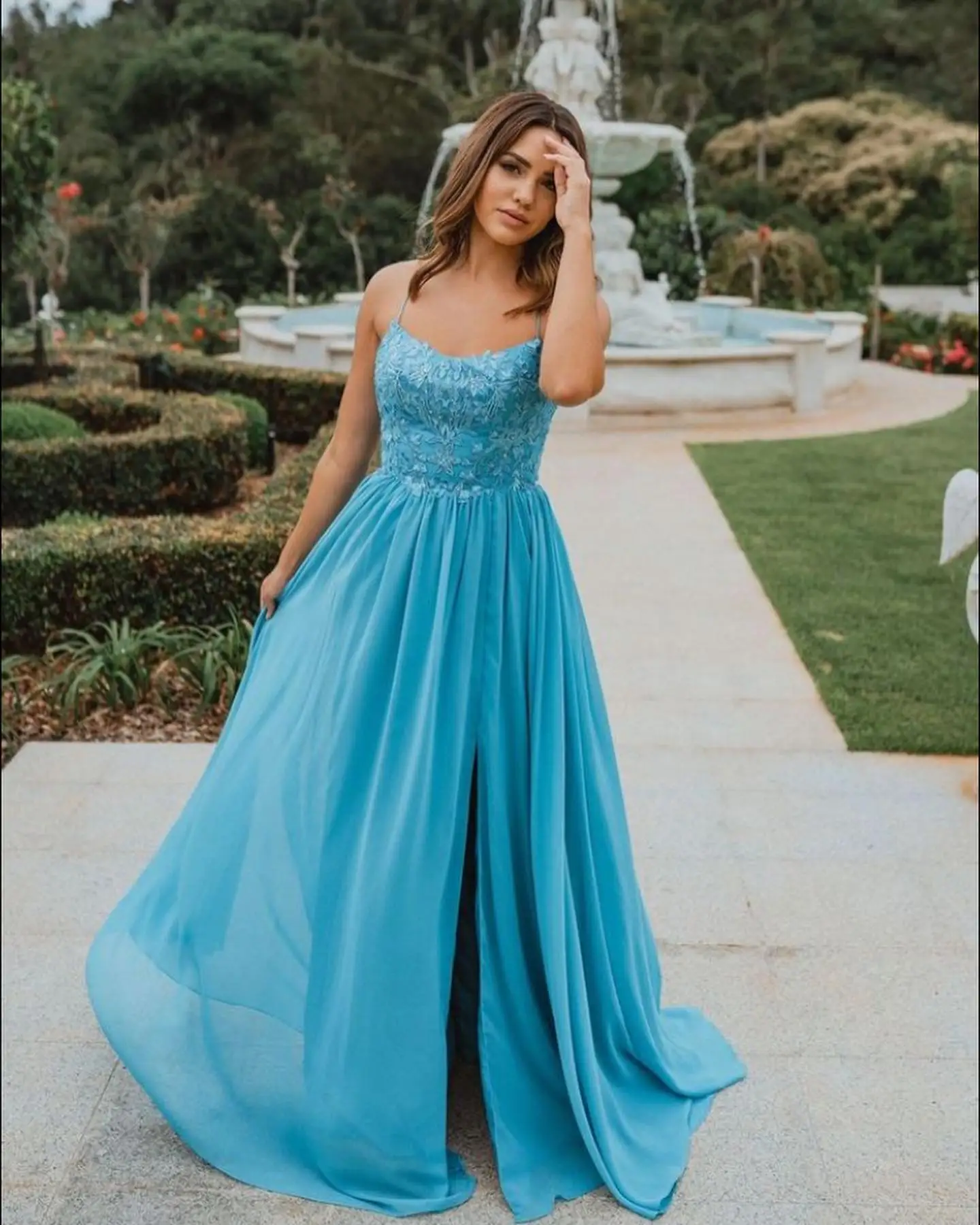 

Blue Straps Appliques Lace-Up Back Prom Dress Features Bodice with Floral A-Line Tulle Train Evening Dresses Wedding Dresses
