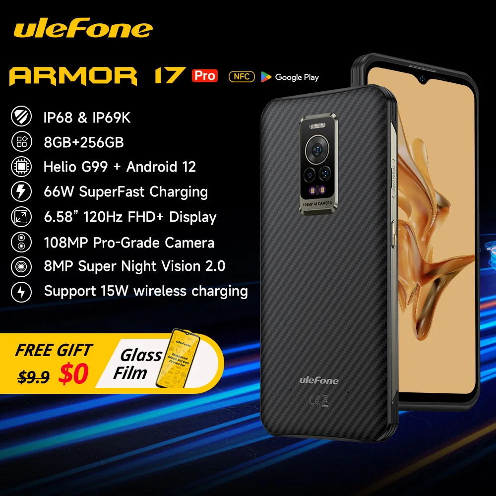 

Ulefone Armor 17 Pro Rugged phone 120Hz 108MP Android 12 Night Vision Helio G99 8GB 256GB Mobile Phones NFC Smartphone Global