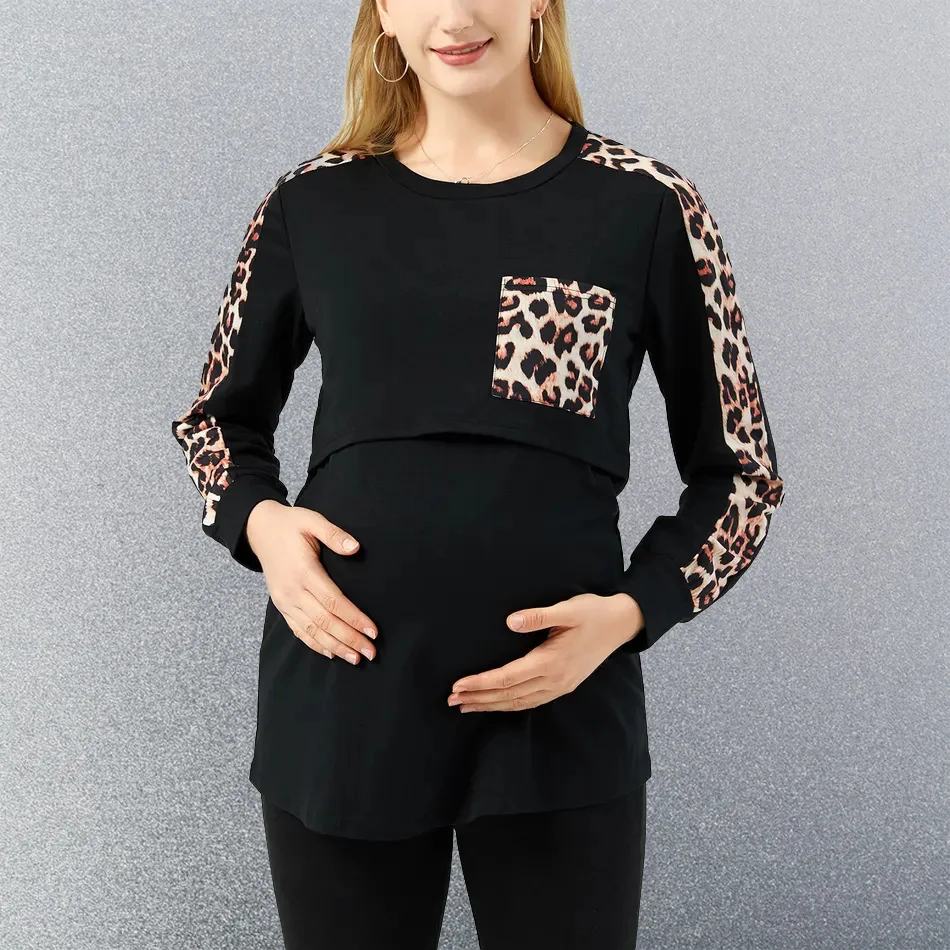 

Leopard Mama Clothes Maternity Blouse Long Sleeve O-neck Breastfeeding Shirt Tops Casual Pregnant Nursing Top Pregnancy Clothing