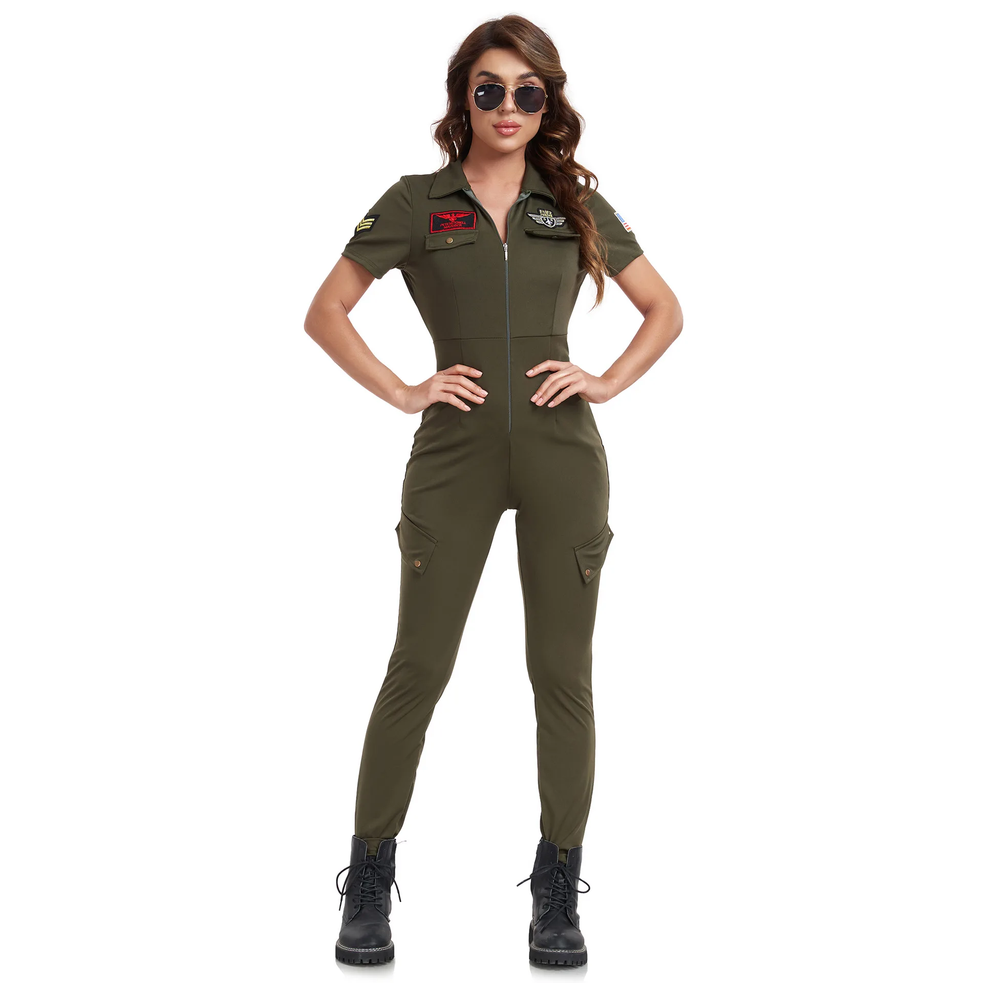 

Women'S Military Pilot Costume Army Green Tight Fitting Zipper Jumpsuit Halloween Carnival Party Cosplay Militarily Flight Suit