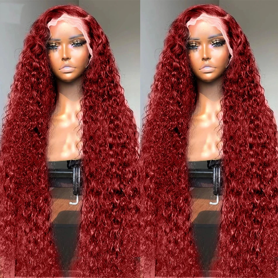 

99J, бордовые, глубокие волнистые, 13x4, прозрачные передние парики из человеческих волос на сетке, бразильские, неповрежденные волосы красного цвета, вьющиеся в воде фронтальные парики для женщин