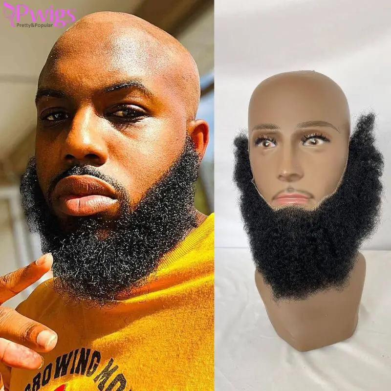 

Pwigs Human Hair Afro Curl Face Beard Mustache For American Black Men Realistic Makeup Lace Base Replace System 1B Black Color
