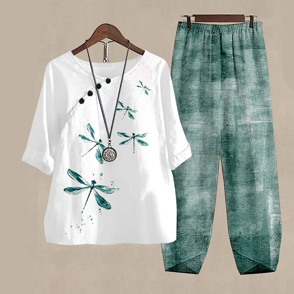 Women O Neck Short Sleeve Summer Two Piece Sets High Waist Pants Feather Print Casual Loose Outfits Ladies Elegant Vintage Suit
Women O Neck Short Sleeve Summer Two Piece Sets High Waist Pants Feather Print Casual Loose Outfits Ladies Elegant Vintage Suit
