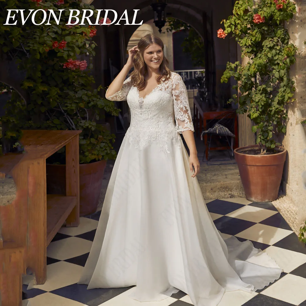 

EVON BRIDAL A-Line Plus Size Wedding Dress V-Neck Applique 3/4 Sleeves Tulle Bride Gown With Button Back 2024 Bridal Gowns