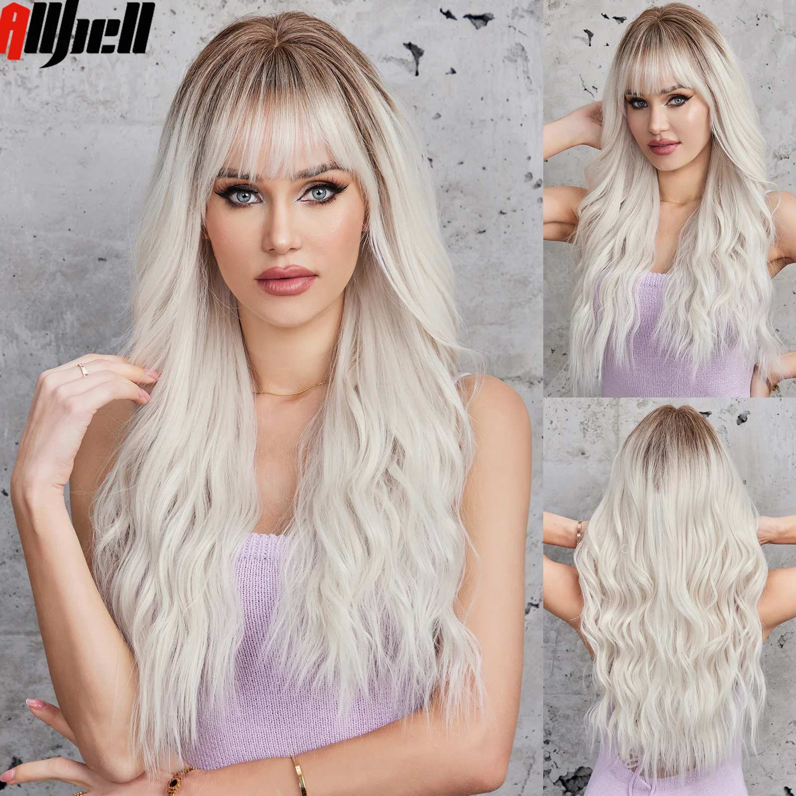 

Long Wavy Platinum Blonde to Brown Synthetic Wigs for Women Natural Fluffy Hair with Bangs Dark Root Heat Resistance Hair Daily