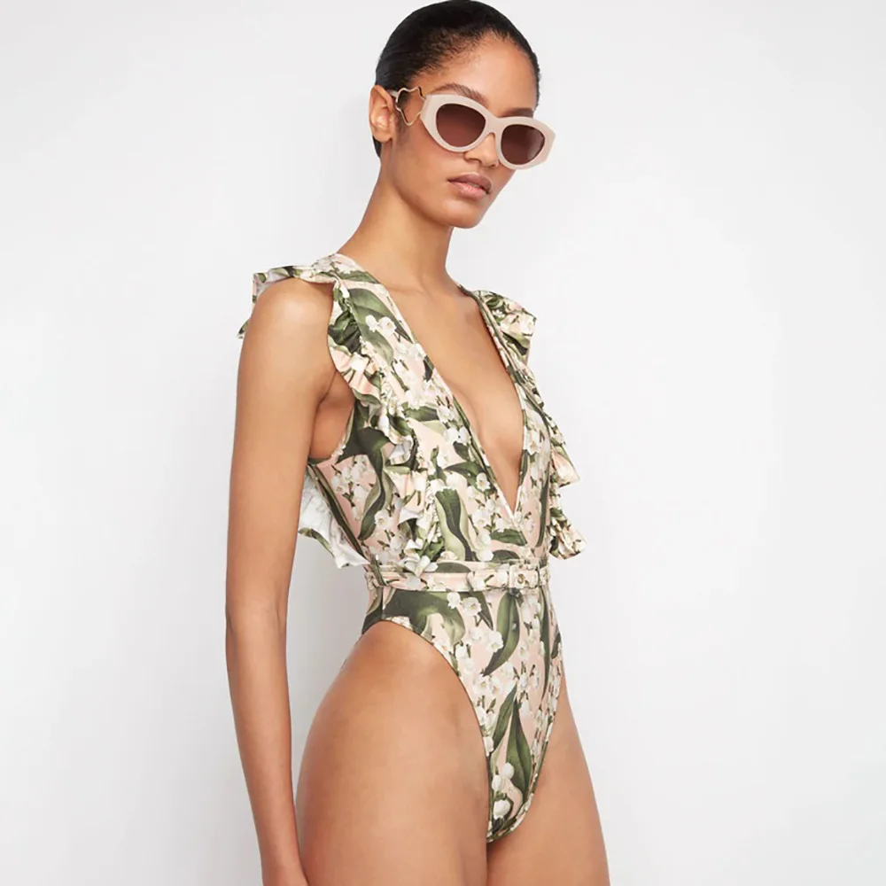 

Floral Female Bikini Women's Swimsuit One Piece Deep V Floral Print Swimwear Green Ruffled Print Beach Bathing Suit