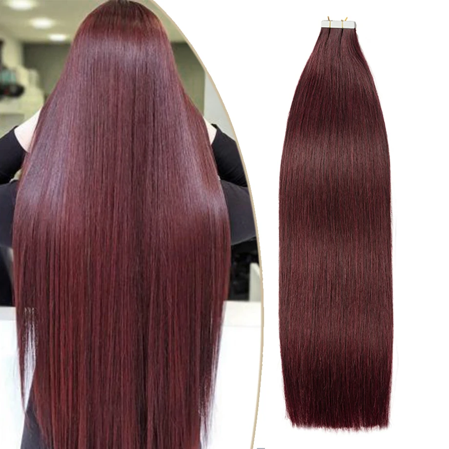 

Лента для наращивания волос 12-24 дюйма, двойные пряди, настоящие человеческие волосы Remy, бесшовные прямые волосы для женщин, лента для наращивания # 99J