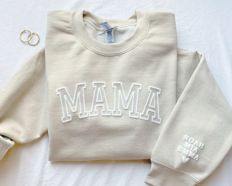 

Khaki Mama Sweatshirt CURVED Font Puff Print Design Mother's Day Gift Mom Long Sleeve Autumn Winter Tops Outfits Boy Girl Mom