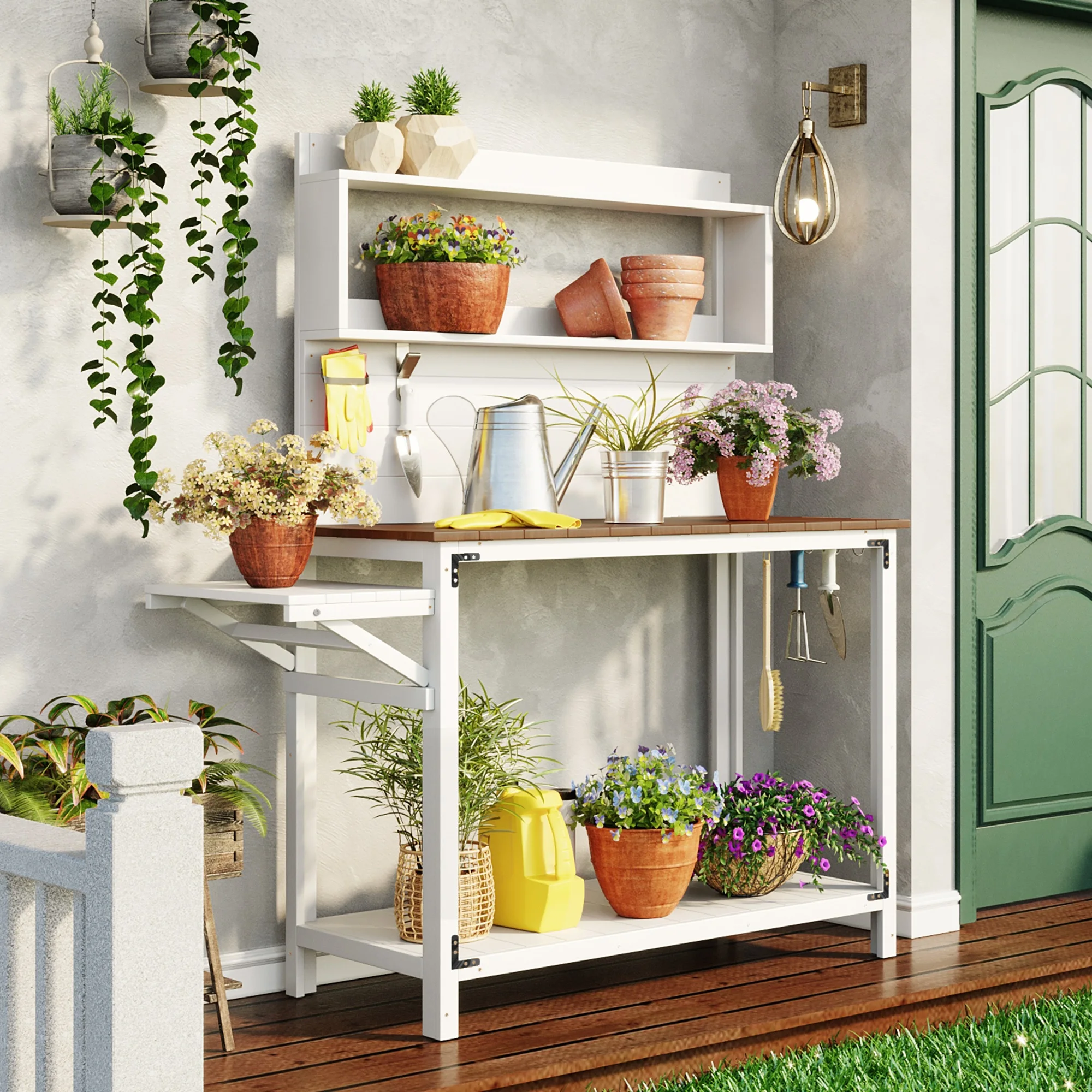 TOPMAX 65" Garden Wooden Workstation Backyard Potting Long Table with Shelves, Side Hooks and Foldable Side Table
TOPMAX 65" Garden Wooden Workstation Backyard Potting Long Table with Shelves, Side Hooks and Foldable Side Table