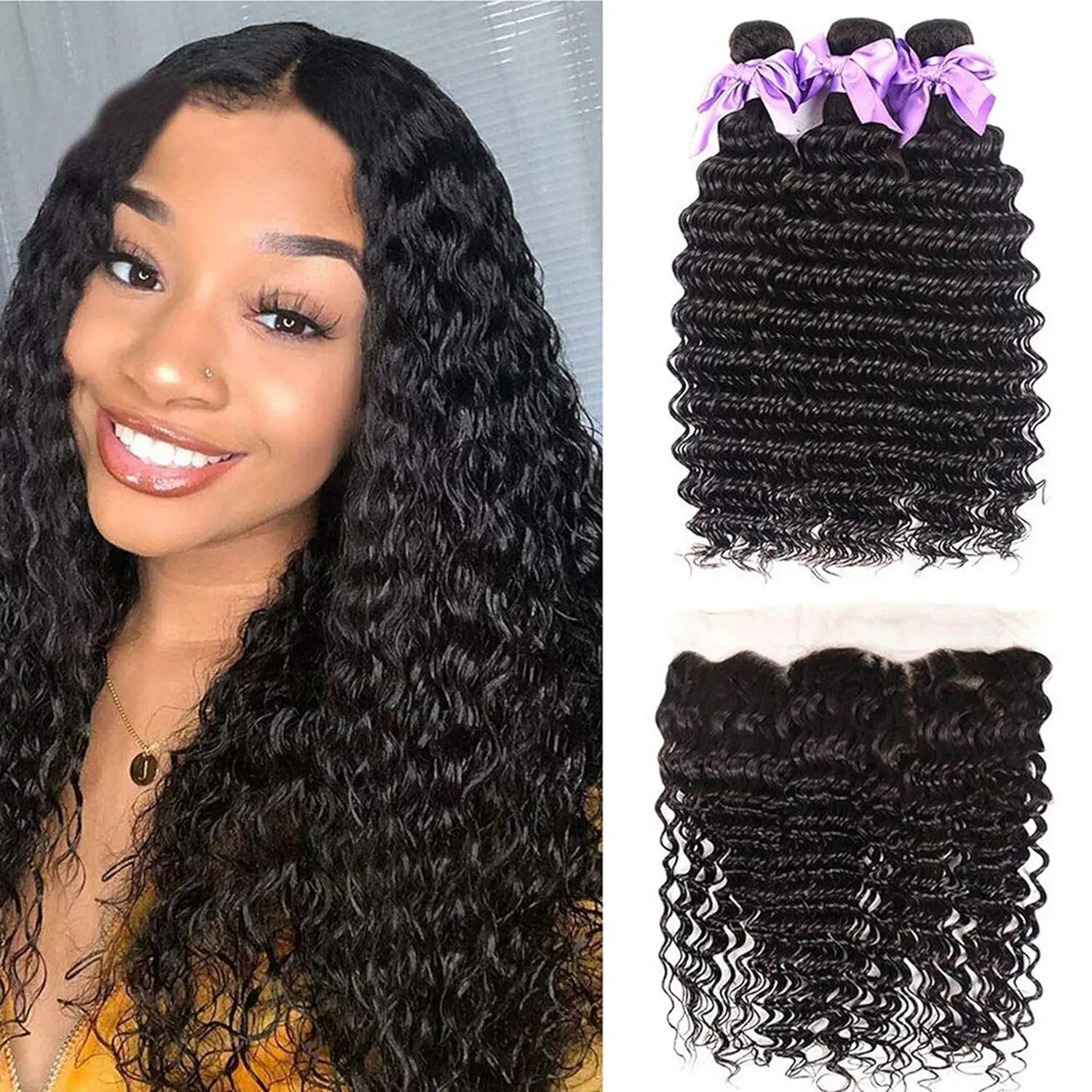

Brazilian Deep Wave Bundles With Frontal 13x4 Free Part Lace Frontal 100% Unprocessed Virgin Human Hair Ear to Ear Lace Frontal