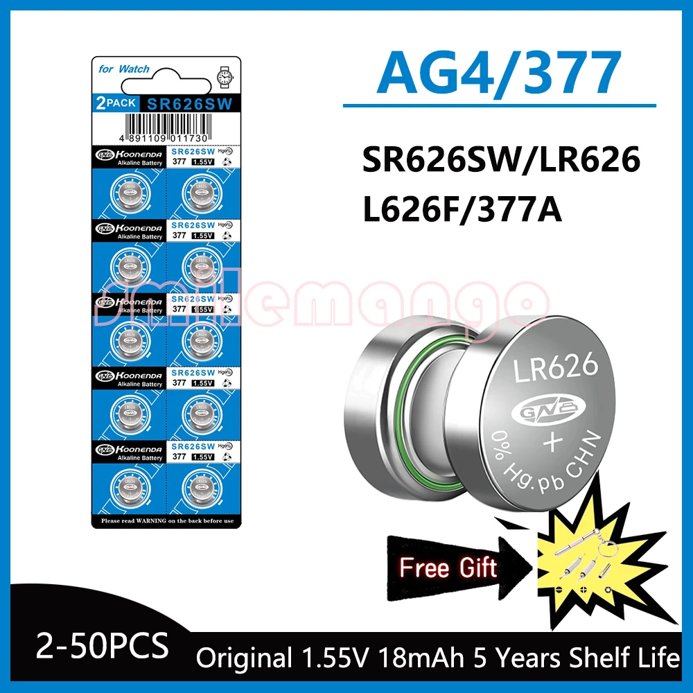 

2PCS-50PCS 1.55V AG4 Button Batteries 377 SR626 SR626SW Cell Coin Alkaline Battery 177 376 626A LR66 LR626 For Watch Toys Clock