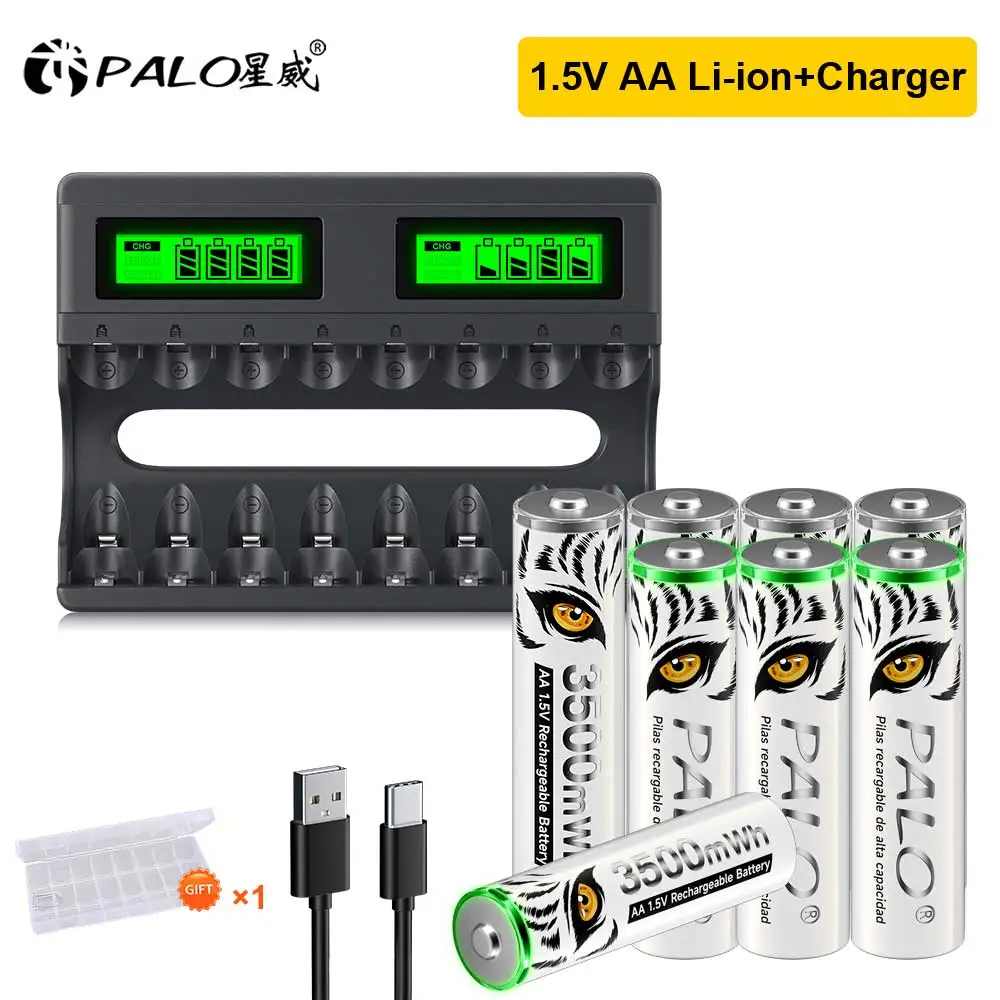 PALO 1.5V AA Li-ion Rechargeable Battery 3500mWh AA Lithium Batteries 1.5V AA Battery with 8 Slots LCD Smart USB Charger
PALO 1.5V AA Li-ion Rechargeable Battery 3500mWh AA Lithium Batteries 1.5V AA Battery with 8 Slots LCD Smart USB Charger