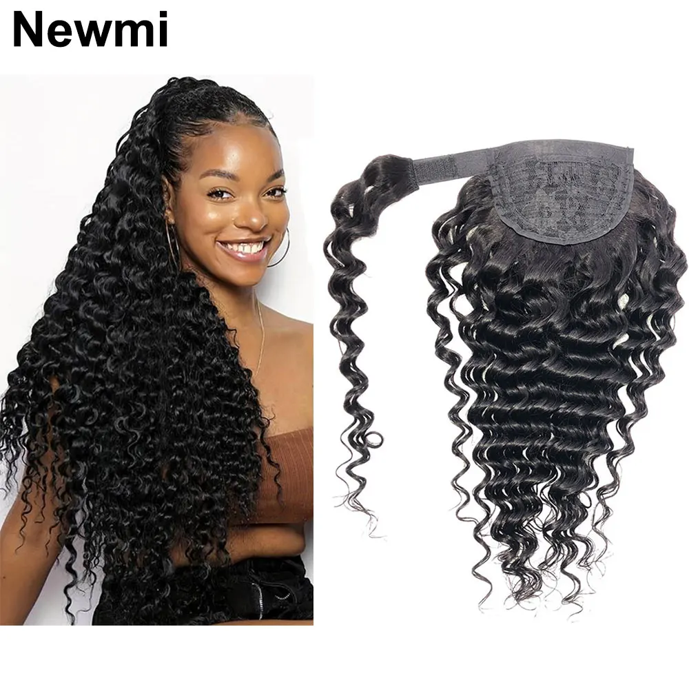 

Newmi Deep Wave Ponytail Extension Human Hair Clip in Wrap Around Ponytail Hair Extensions for Women Natural Black Hairpieces