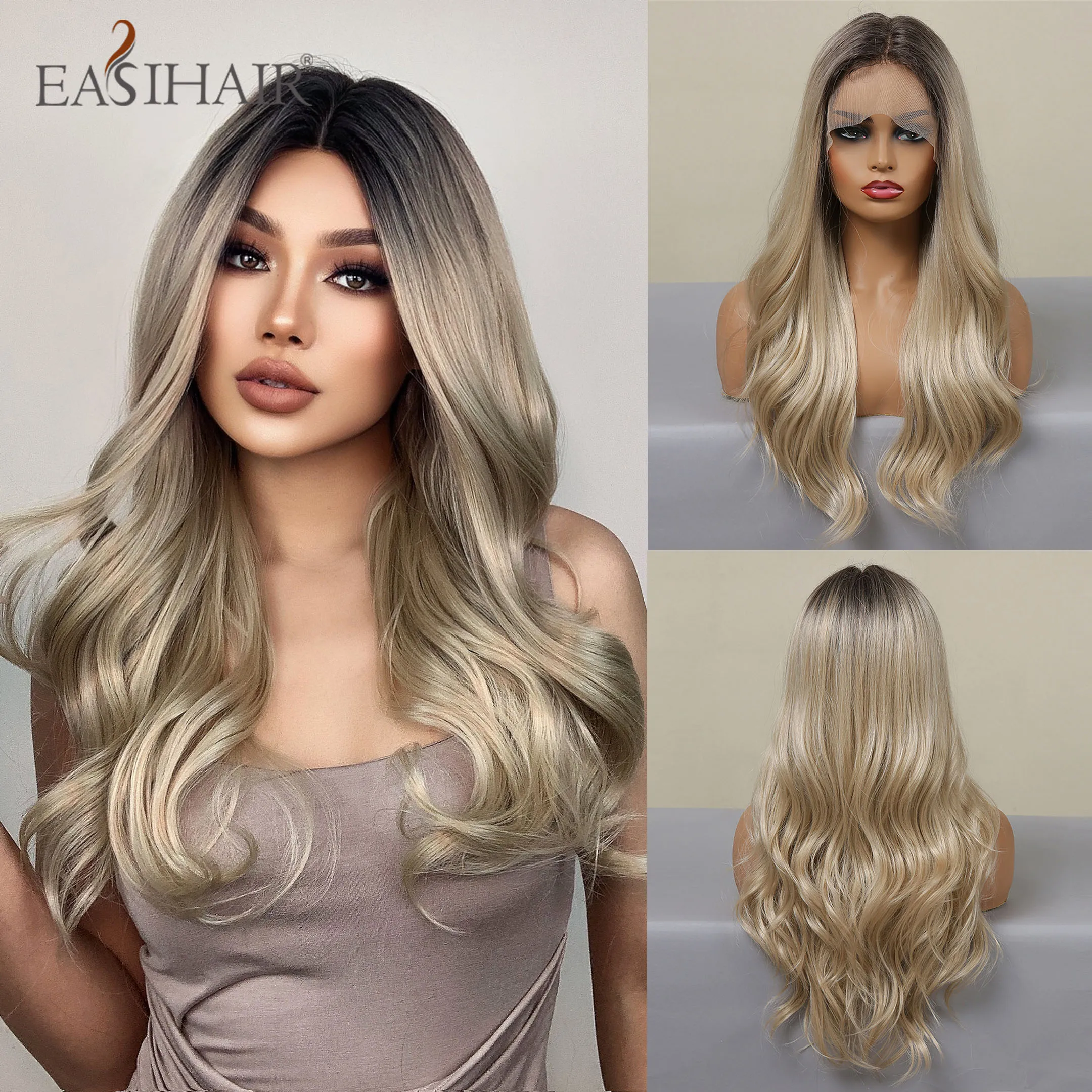 

EASIHAIR Long Wavy Blonde Ombre Lace Front Synthetic Wig Brown Root Lace Frontal Natural Wig for Women Cosplay Wig Hight Density