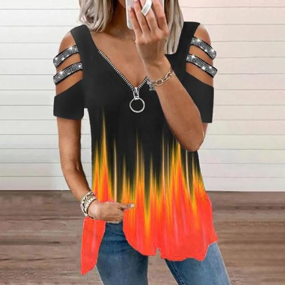 Women Summer New All-Match Temperament V-Neck Strapless Zipper Pullover Printed Short Sleeved Loose T-Shirt High Quality Top
Women Summer New All-Match Temperament V-Neck Strapless Zipper Pullover Printed Short Sleeved Loose T-Shirt High Quality Top