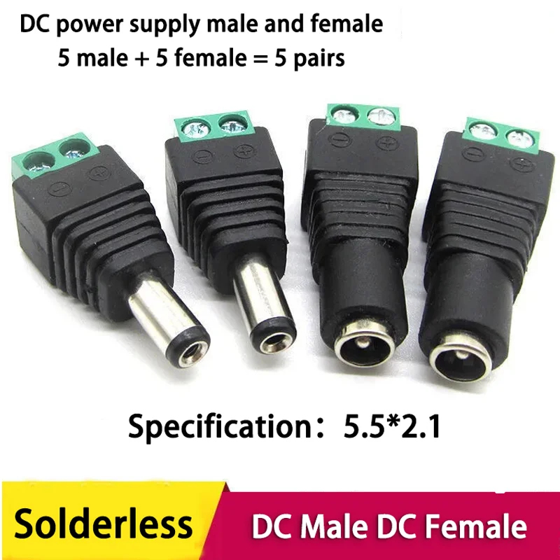 

Solderless DC Connector 5.5mm * 2.1mm Jack Socket Male and Female LED Adapter For CCTV Power Convert LED Strip Light Connection