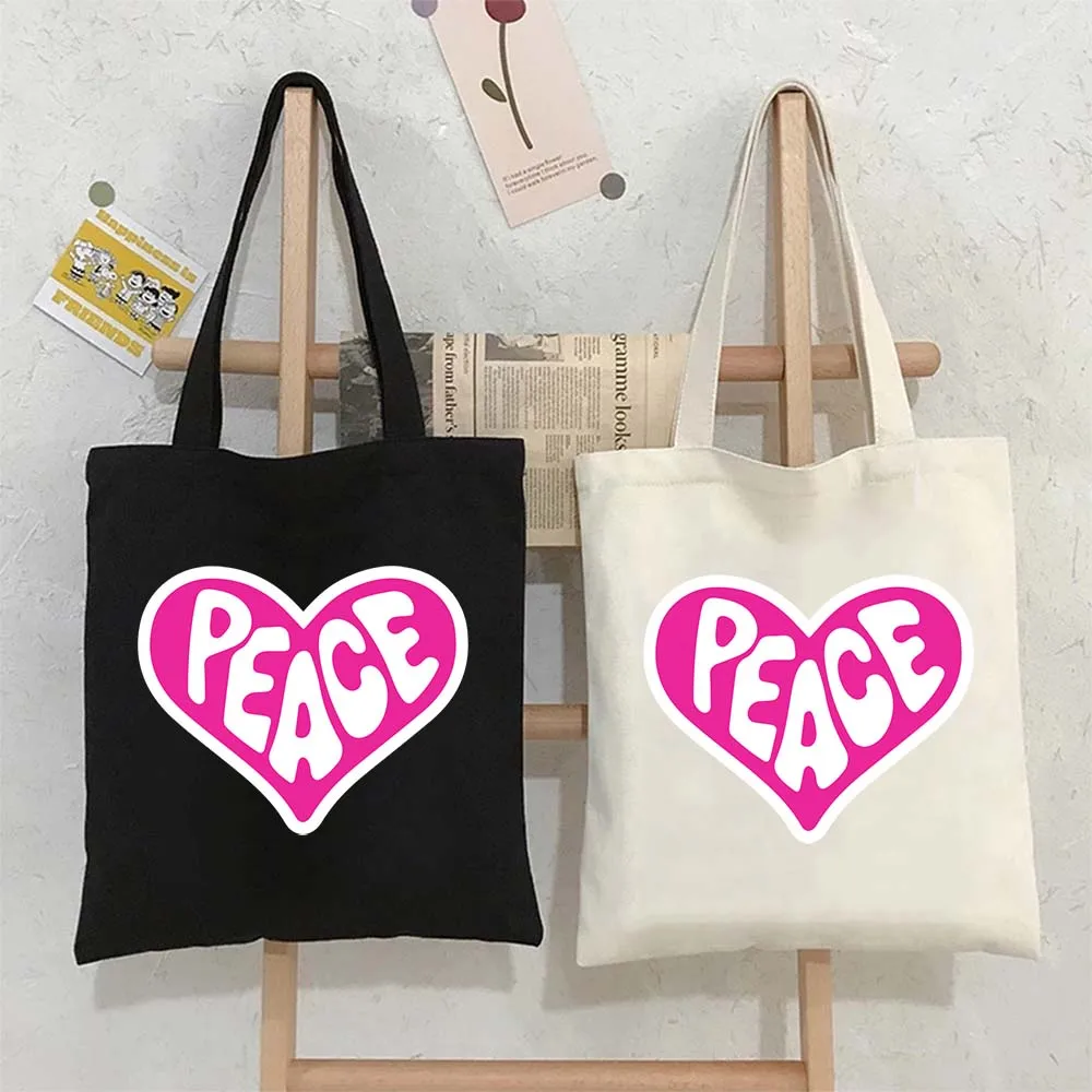 

Heart Peace Printed Shoulder Bags Inscriptions Phrases Lettering Quote Tote Bag Women Shopping Bag Large Reusable Handbags