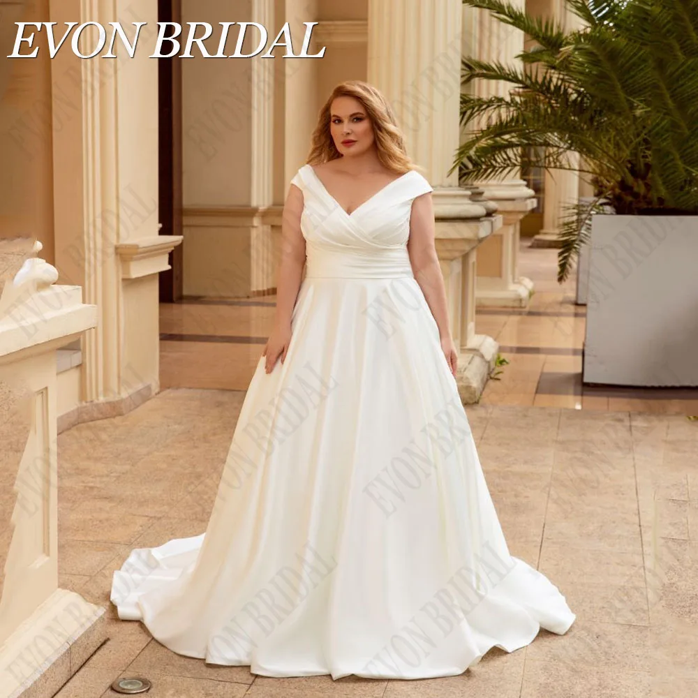 

EVON BRIDAL Elegant Plus Size A-Line Wedding Dress Satin Cap Sleeves Bride Gowns Lace Up Hochzeitskleider Damen Große größe