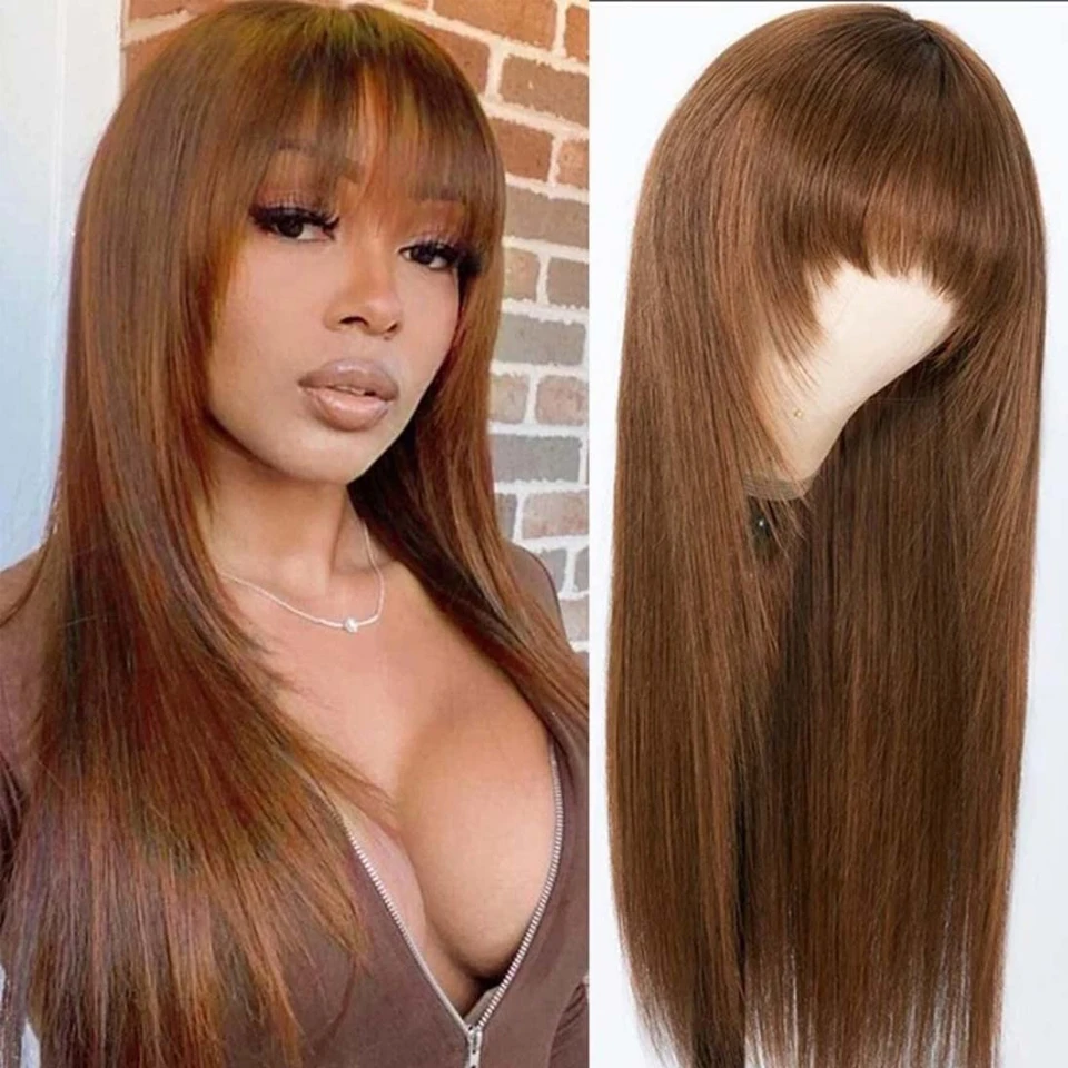 

Color Wig #4 Chocolate Brown Straight Human Hair Wigs with Bangs,Affordable Layer Cut Straight Glueless Dark Brown Full Machine