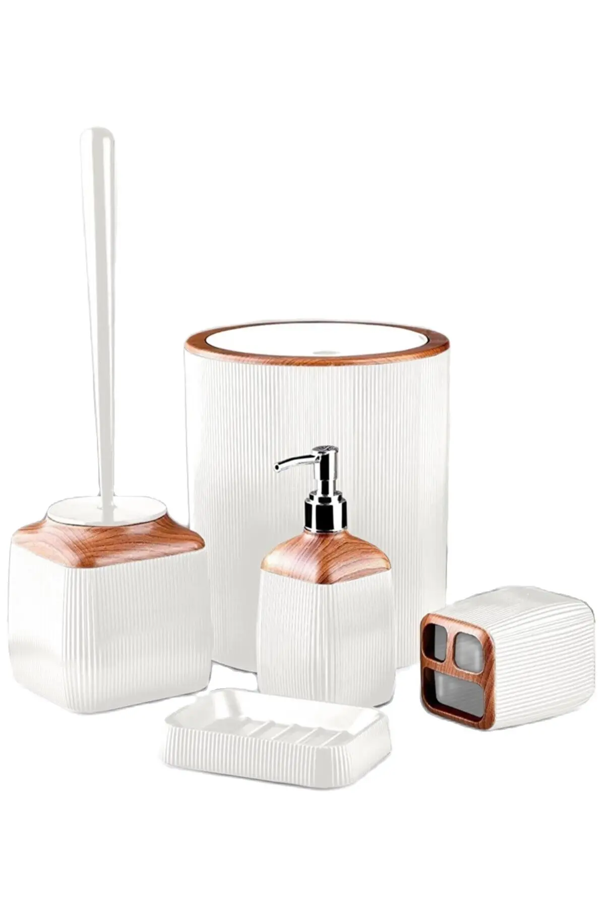 

Набор аксессуаров для ванной комнаты, пластиковый деревянный белый держатель для зубных щеток Lux, 5 шт., диспенсер для жидкого и твердого мыла, контейнер для мусора, щетка для туалета