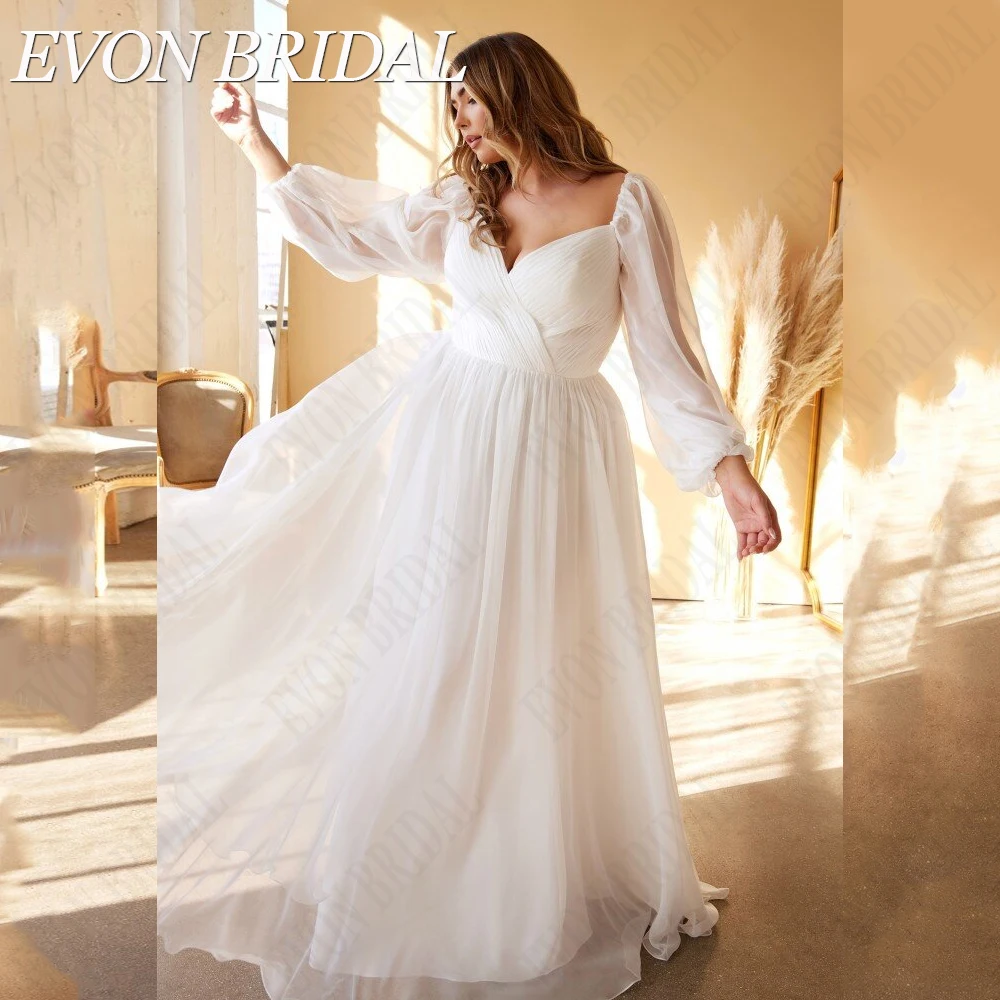 

EVON BRIDAL Classic Puff Sleeves Plus Size Wedding Dress Double V-Neck A-Line Chiffon Bridal Gown Custom Made Vestidos De Novia