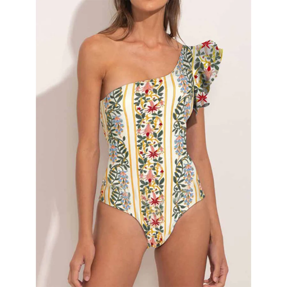 

One-Shoulder Ruffled Printed Swimsuit Asymmetrical Swimwear Holiday Beachwear Designer Bathing Suit Summer Surf Wear