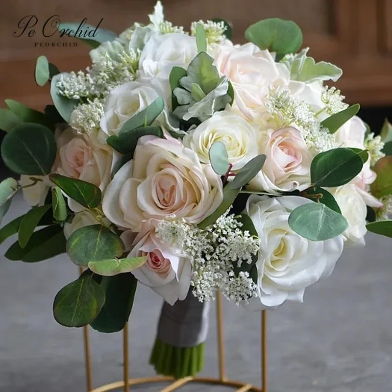 

PEORCHID Ivory Blush Pink Rustic Boho Bridal Bouquet Green Eucalyptus Artificial Flower Faux Bouquet For wedding Decor